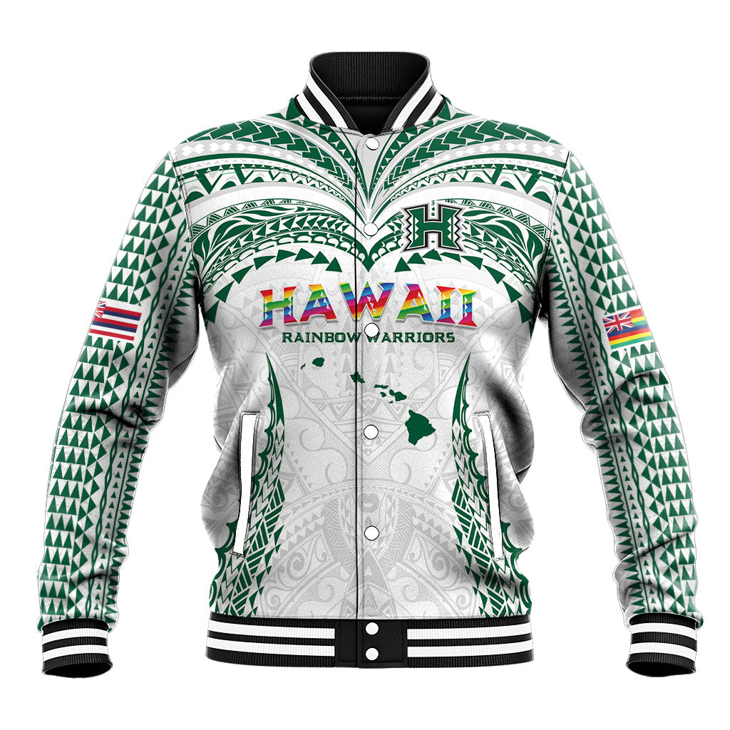 Custom Hawaii Rainbow Warriors Baseball Jacket Polynesian Motif White Color LT03 Unisex White - Polynesian Pride