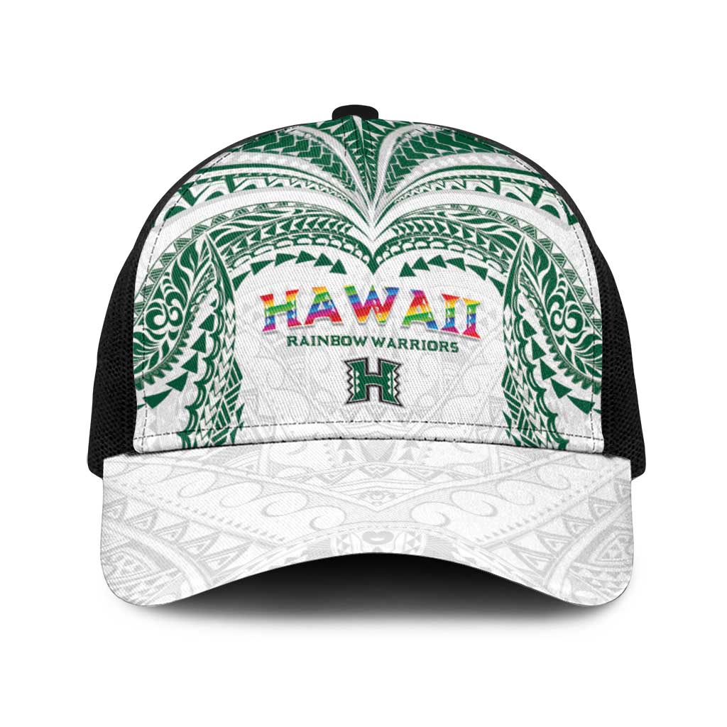 Hawaii Rainbow Warriors Baseball Net Cap Polynesian Motif White Color LT03 One Size Black White - Polynesian Pride