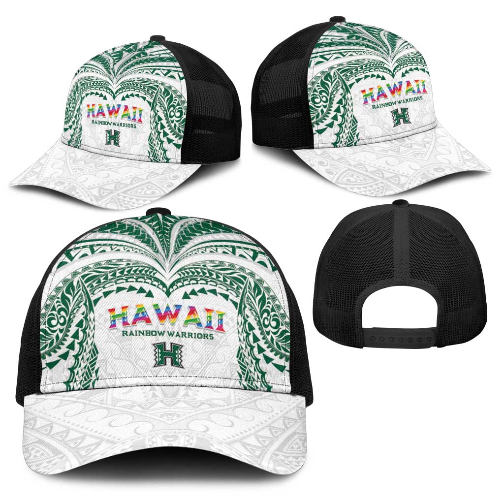 Hawaii Rainbow Warriors Baseball Net Cap Polynesian Motif White Color LT03 - Polynesian Pride