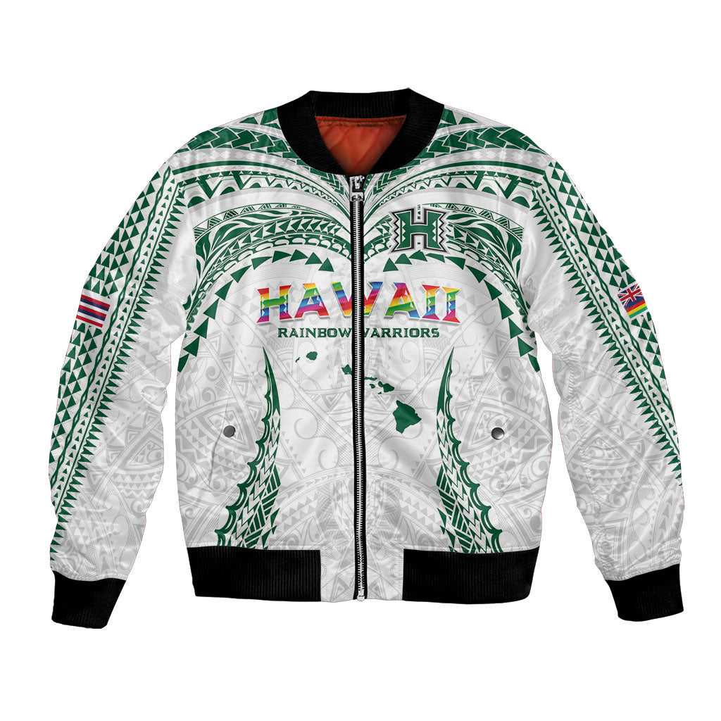 Custom Hawaii Rainbow Warriors Bomber Jacket Polynesian Motif White Color LT03 Unisex White - Polynesian Pride