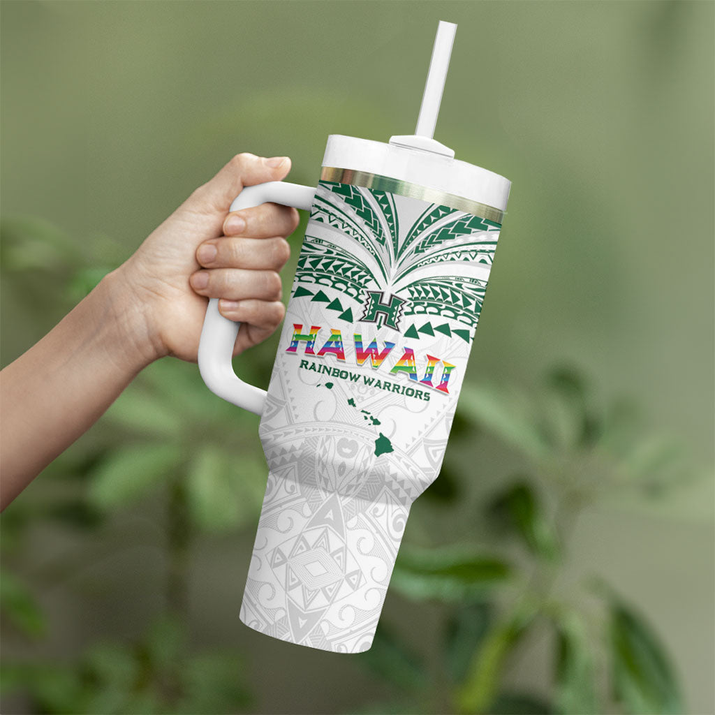 Custom Hawaii Rainbow Warriors Tumbler With Handle Polynesian Motif White Color LT03 - Polynesian Pride