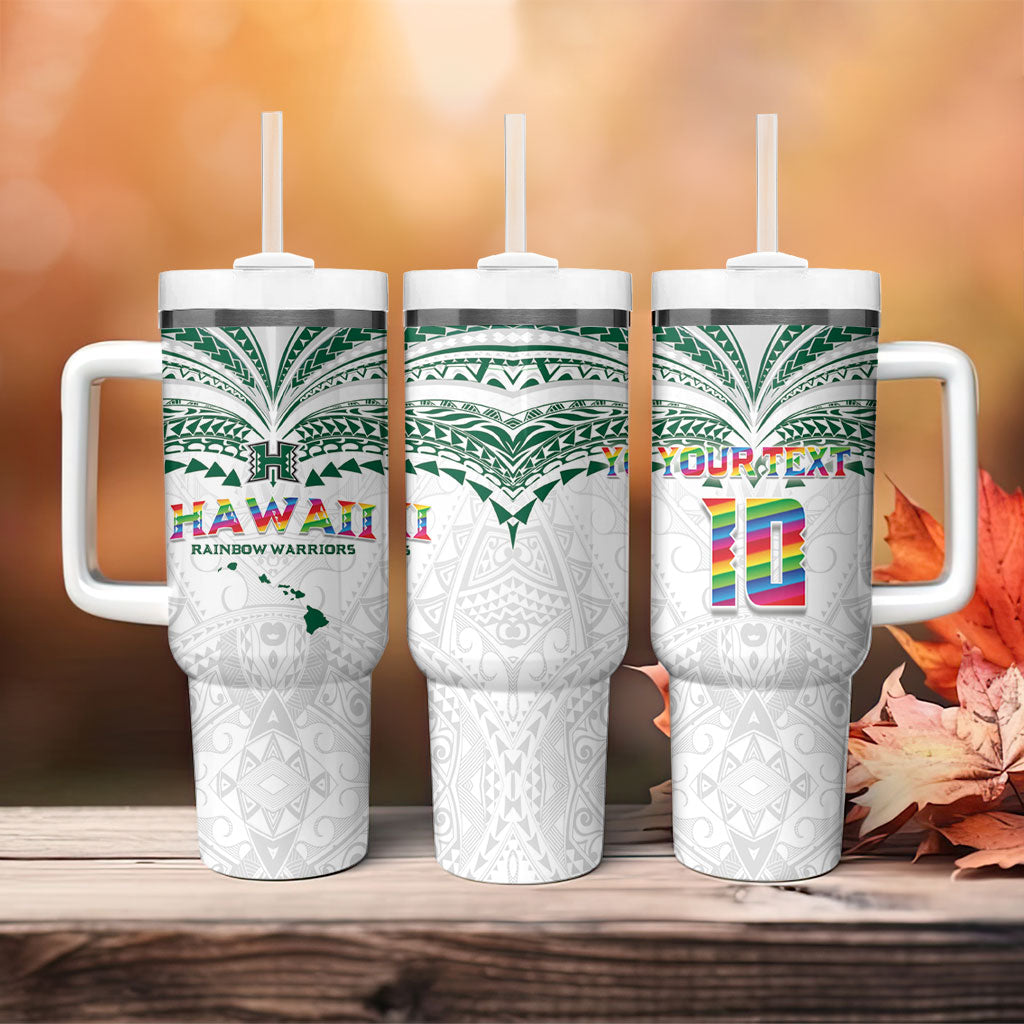 Custom Hawaii Rainbow Warriors Tumbler With Handle Polynesian Motif White Color LT03 - Polynesian Pride