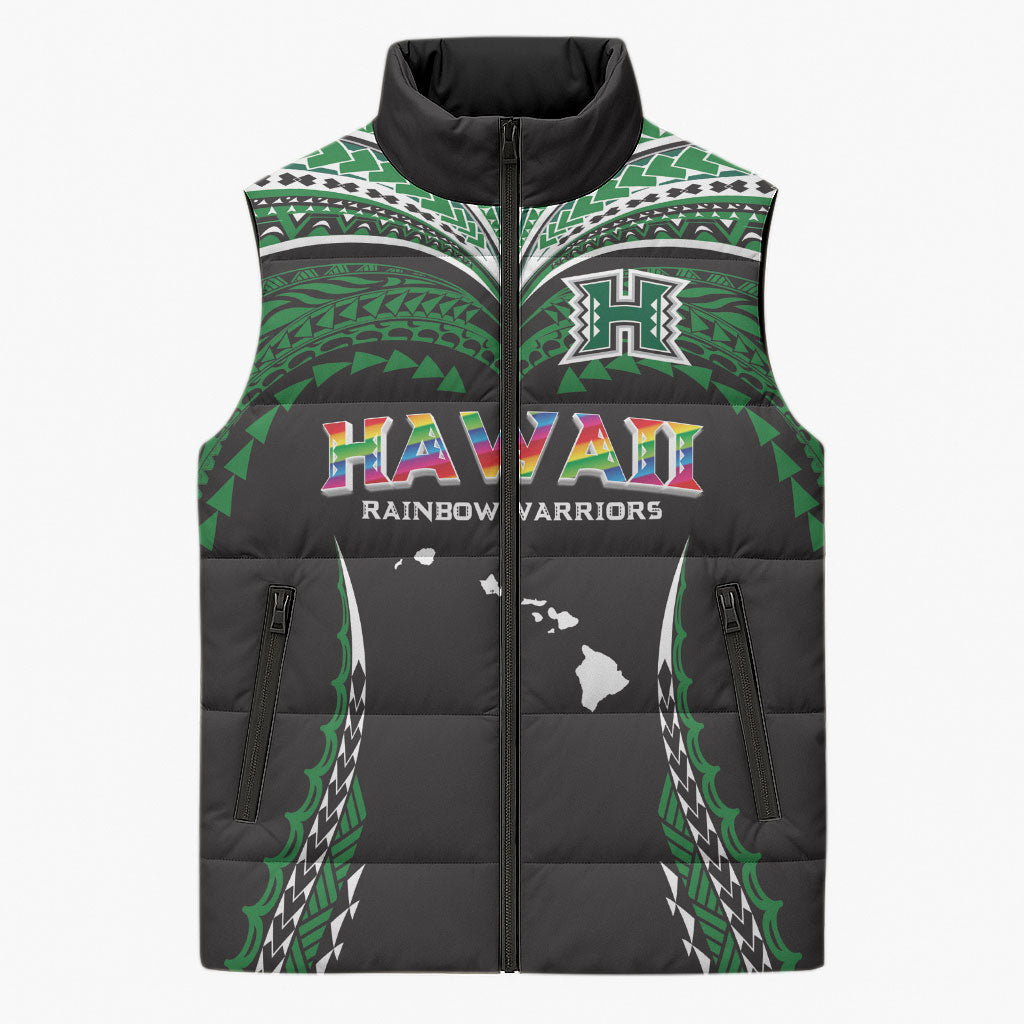 Custom Hawaii Rainbow Warriors Sleeveless Puffer Jacket Polynesian Motif Black Color LT03 Unisex Black - Polynesian Pride