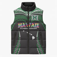 Custom Hawaii Rainbow Warriors Sleeveless Puffer Jacket Polynesian Motif Black Color LT03 Unisex Black - Polynesian Pride