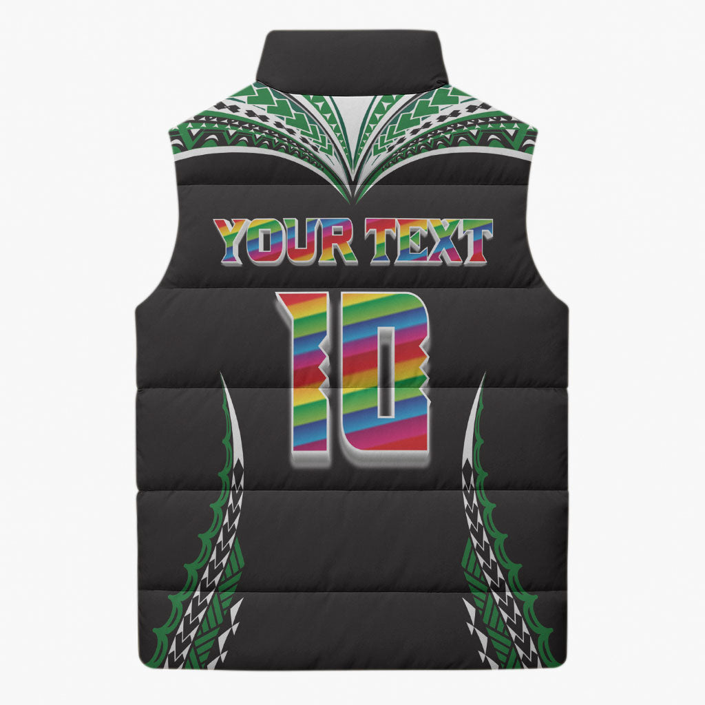Custom Hawaii Rainbow Warriors Sleeveless Puffer Jacket Polynesian Motif Black Color LT03 - Polynesian Pride