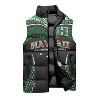 Custom Hawaii Rainbow Warriors Sleeveless Puffer Jacket Polynesian Motif Black Color LT03 - Polynesian Pride
