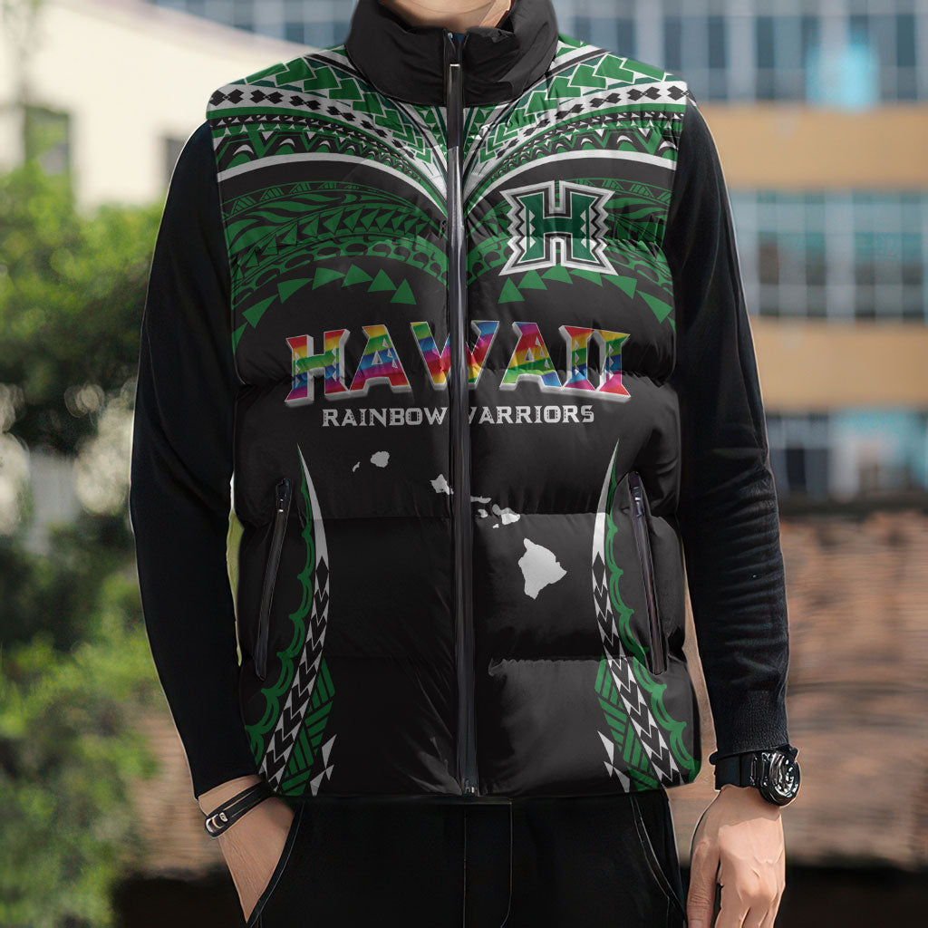 Custom Hawaii Rainbow Warriors Sleeveless Puffer Jacket Polynesian Motif Black Color LT03 - Polynesian Pride