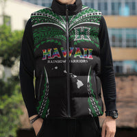 Custom Hawaii Rainbow Warriors Sleeveless Puffer Jacket Polynesian Motif Black Color LT03 - Polynesian Pride