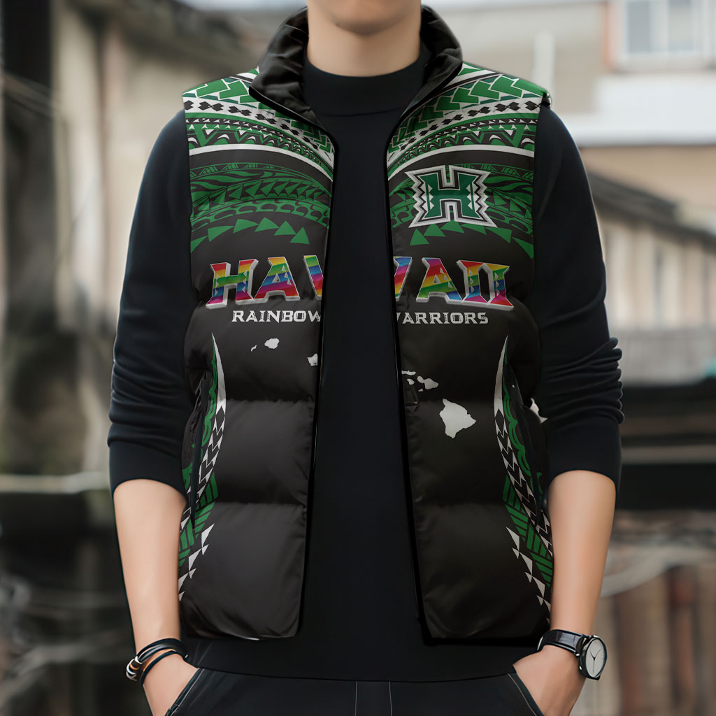 Custom Hawaii Rainbow Warriors Sleeveless Puffer Jacket Polynesian Motif Black Color LT03 - Polynesian Pride