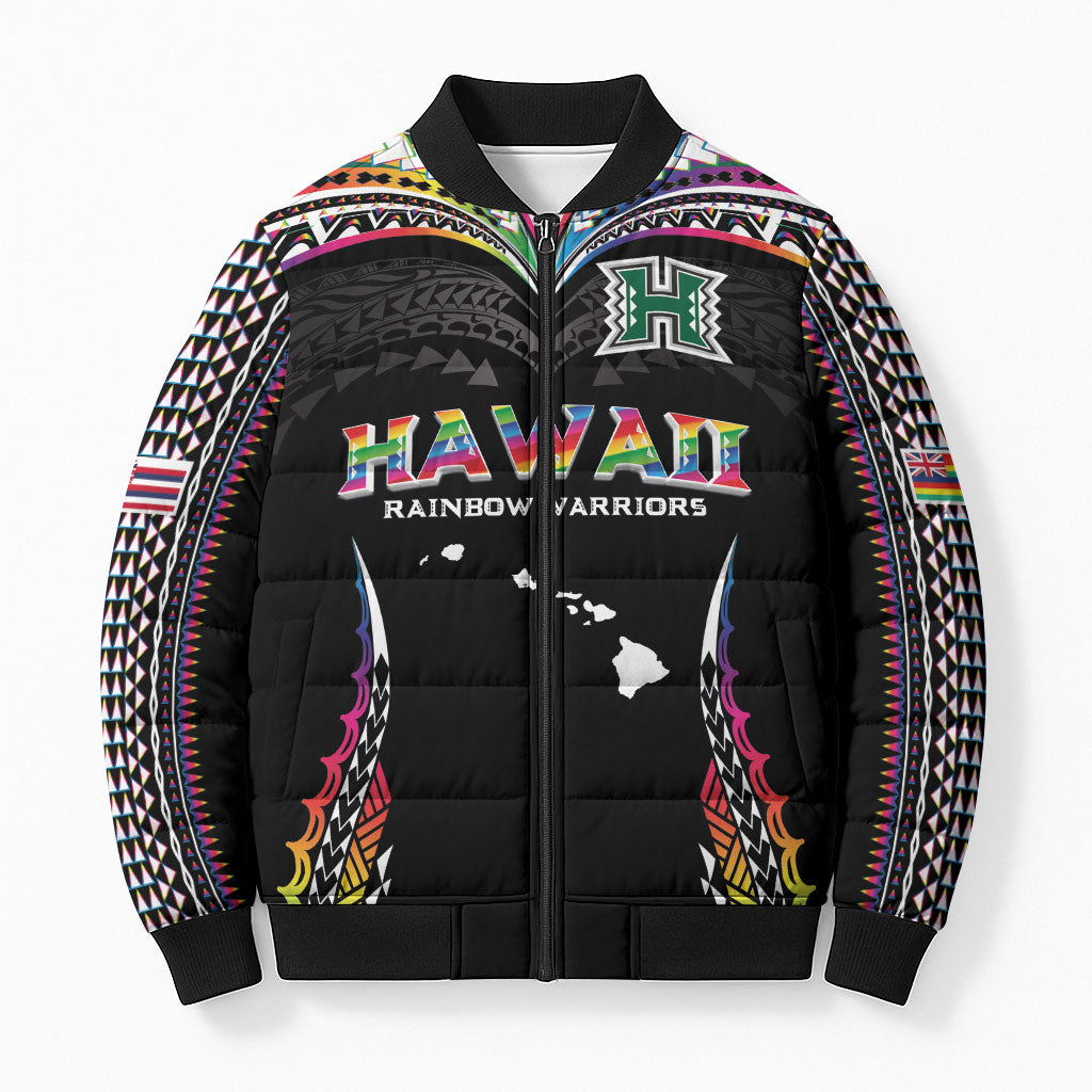 Custom Hawaii Rainbow Warriors Bomber Puffer Jacket Polynesian Motif Special Edition Rainbow Gradient LT03 Unisex Black - Polynesian Pride