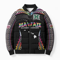Custom Hawaii Rainbow Warriors Bomber Puffer Jacket Polynesian Motif Special Edition Rainbow Gradient LT03 Unisex Black - Polynesian Pride