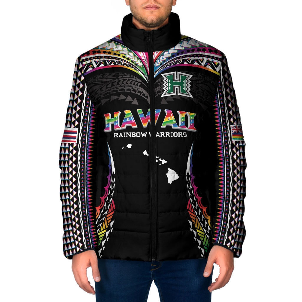 Custom Hawaii Rainbow Warriors Padded Jacket Polynesian Motif Special Edition Rainbow Gradient LT03 Men Black - Polynesian Pride