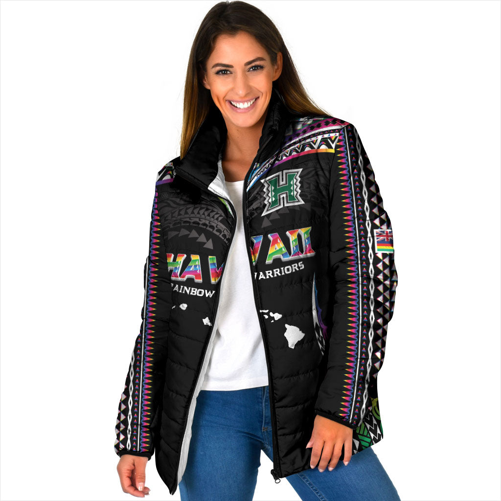 Custom Hawaii Rainbow Warriors Padded Jacket Polynesian Motif Special Edition Rainbow Gradient LT03 Women Black - Polynesian Pride