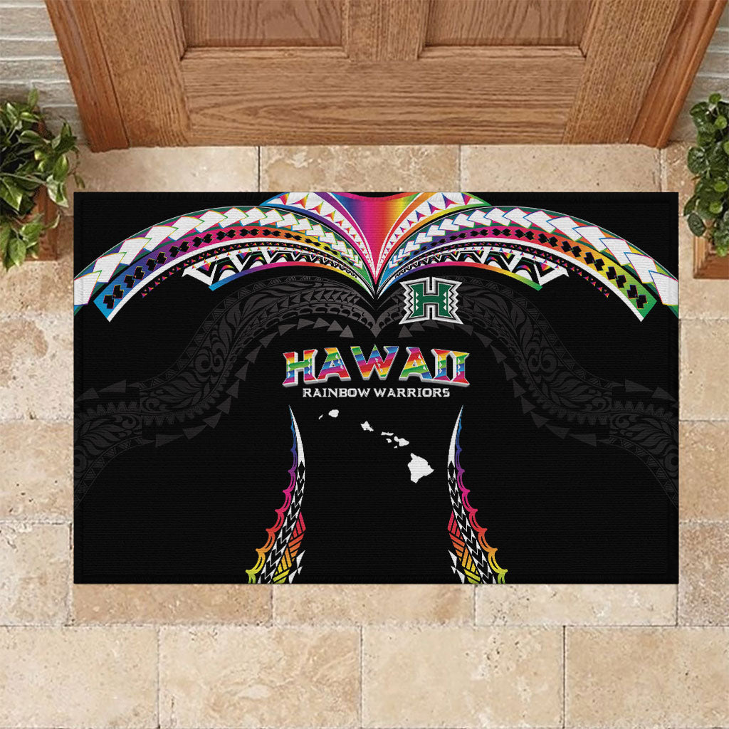 Hawaii Rainbow Warriors Rubber Doormat Polynesian Motif Special Edition Rainbow Gradient LT03 Black - Polynesian Pride