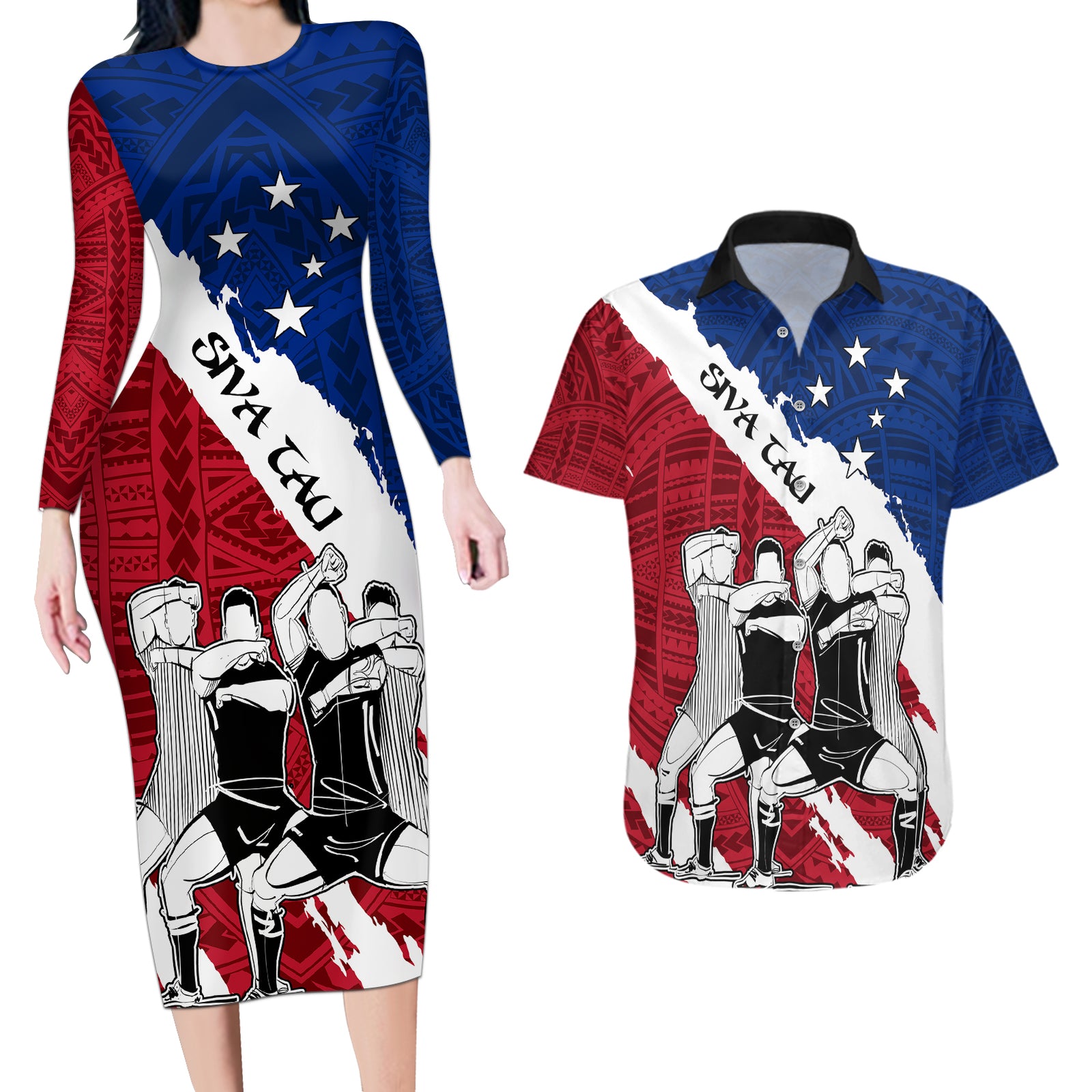 Custom Samoa Rugby Couples Matching Long Sleeve Bodycon Dress and Hawaiian Shirt Siva Tau Dance Polynesian Tattoo Brush Style LT03 Red - Polynesian Pride
