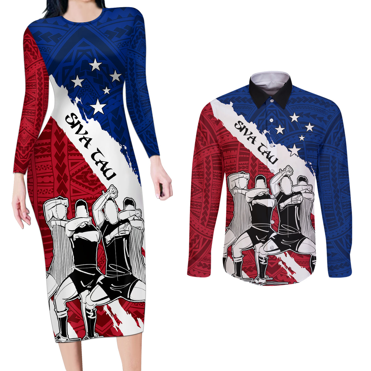 Custom Samoa Rugby Couples Matching Long Sleeve Bodycon Dress and Long Sleeve Button Shirts Siva Tau Dance Polynesian Tattoo Brush Style LT03 Red - Polynesian Pride