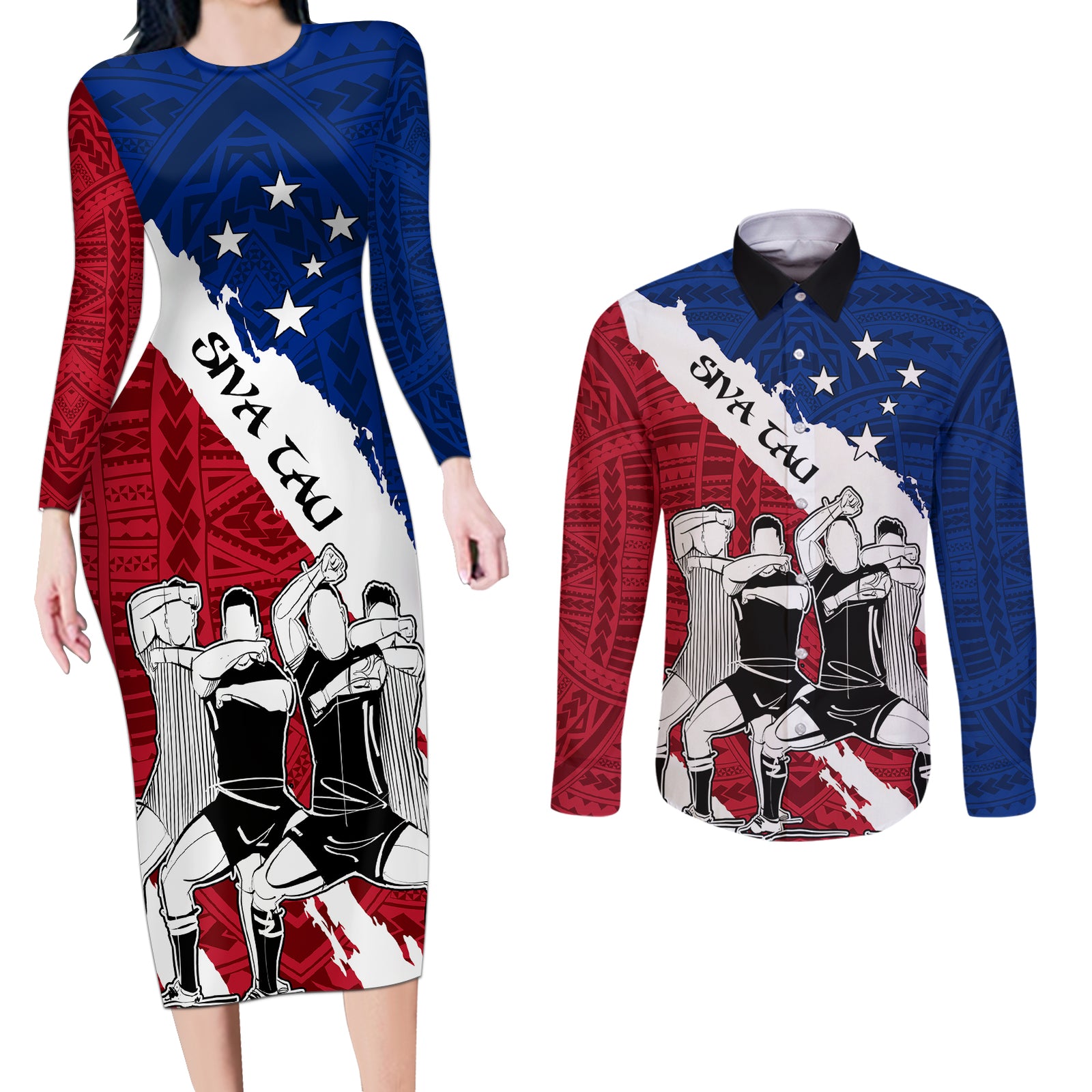Custom Samoa Rugby Couples Matching Long Sleeve Bodycon Dress and Long Sleeve Button Shirts Siva Tau Dance Polynesian Tattoo Brush Style LT03 Red - Polynesian Pride