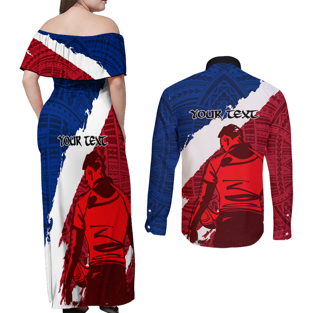 Custom Samoa Rugby Couples Matching Off Shoulder Maxi Dress and Long Sleeve Button Shirts Siva Tau Dance Polynesian Tattoo Brush Style LT03 - Polynesian Pride