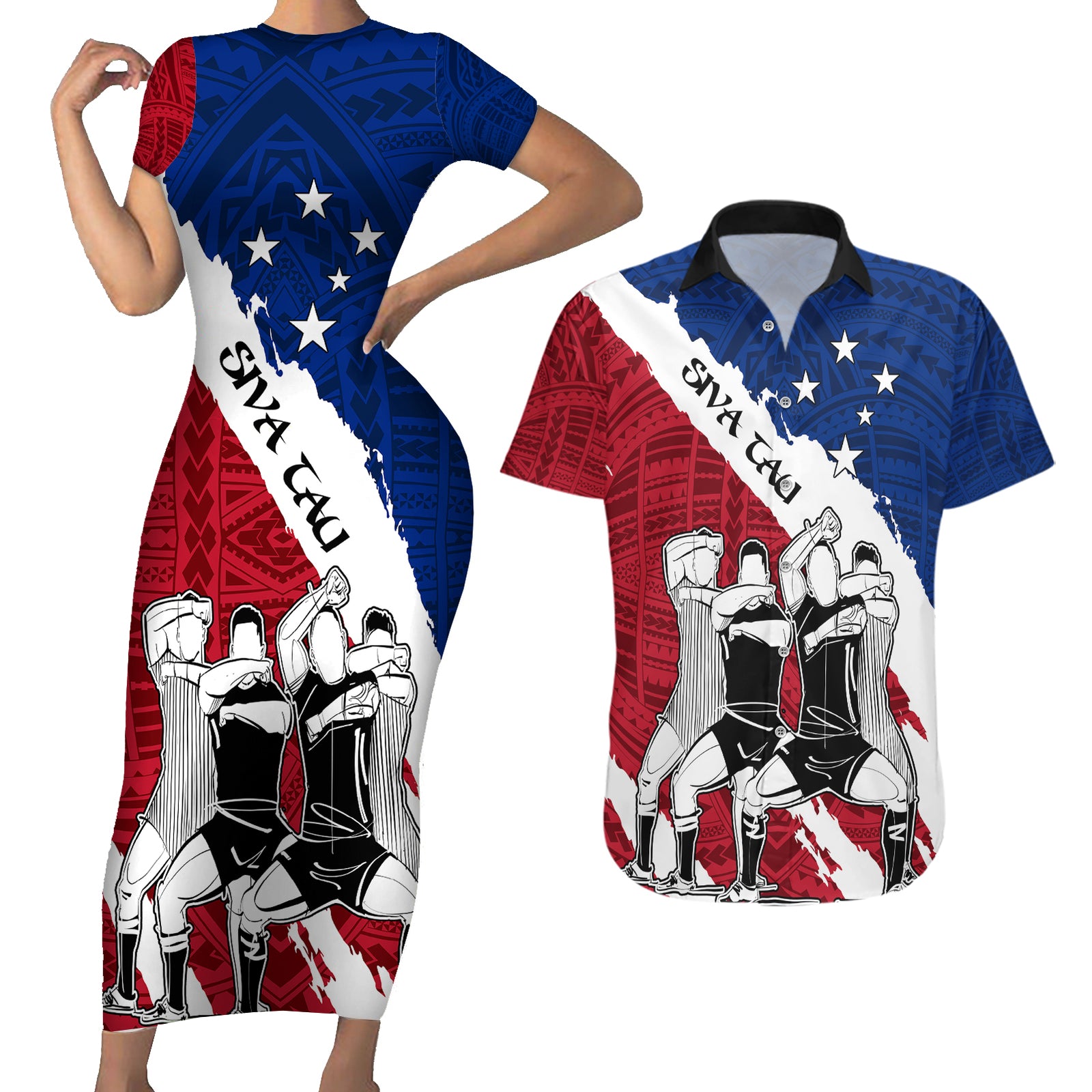 Custom Samoa Rugby Couples Matching Short Sleeve Bodycon Dress and Hawaiian Shirt Siva Tau Dance Polynesian Tattoo Brush Style LT03 Red - Polynesian Pride