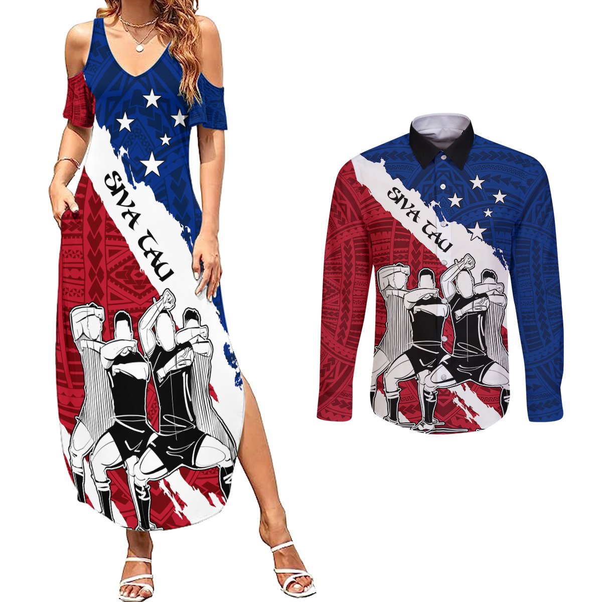 Custom Samoa Rugby Couples Matching Summer Maxi Dress and Long Sleeve Button Shirts Siva Tau Dance Polynesian Tattoo Brush Style LT03 Red - Polynesian Pride