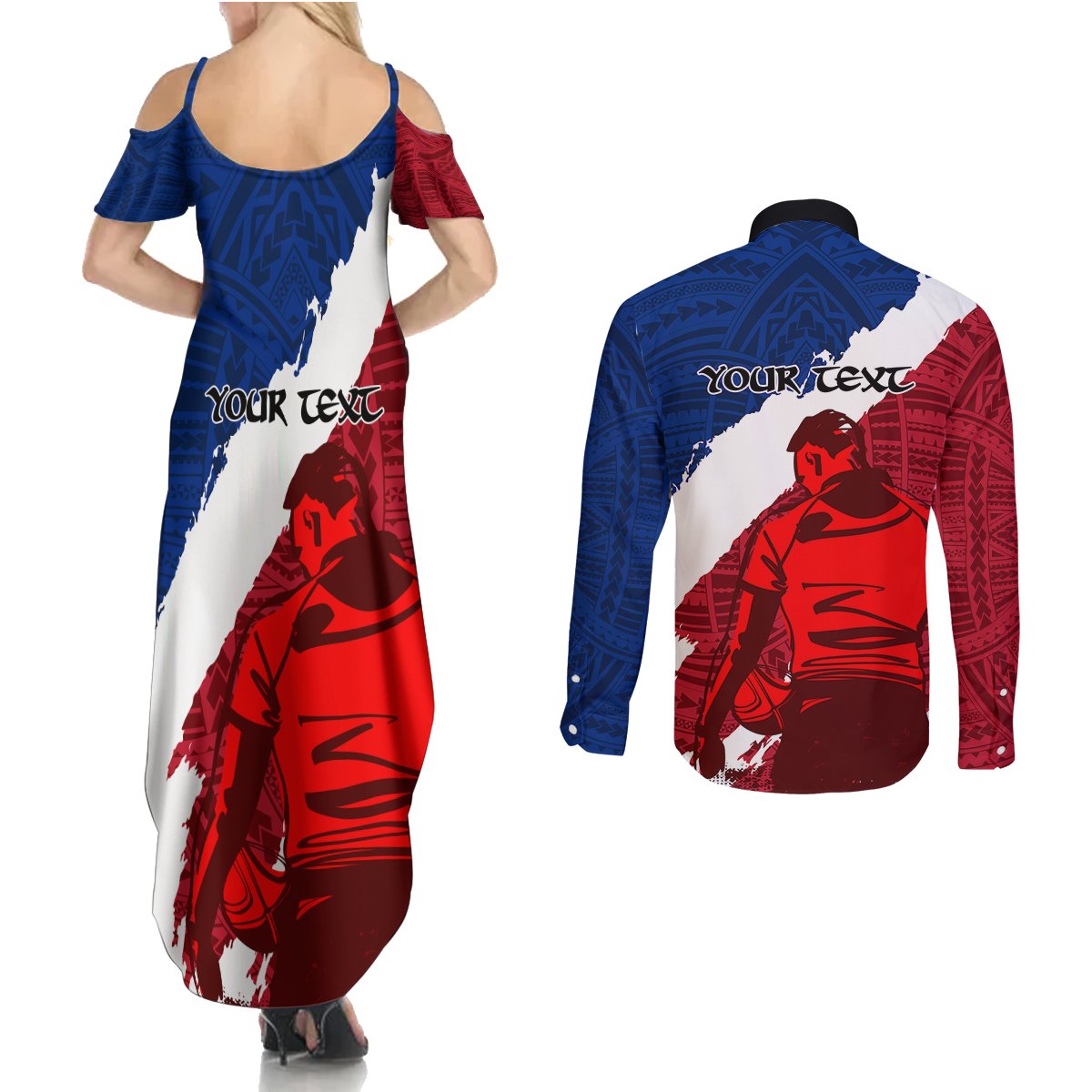 Custom Samoa Rugby Couples Matching Summer Maxi Dress and Long Sleeve Button Shirts Siva Tau Dance Polynesian Tattoo Brush Style LT03 - Polynesian Pride