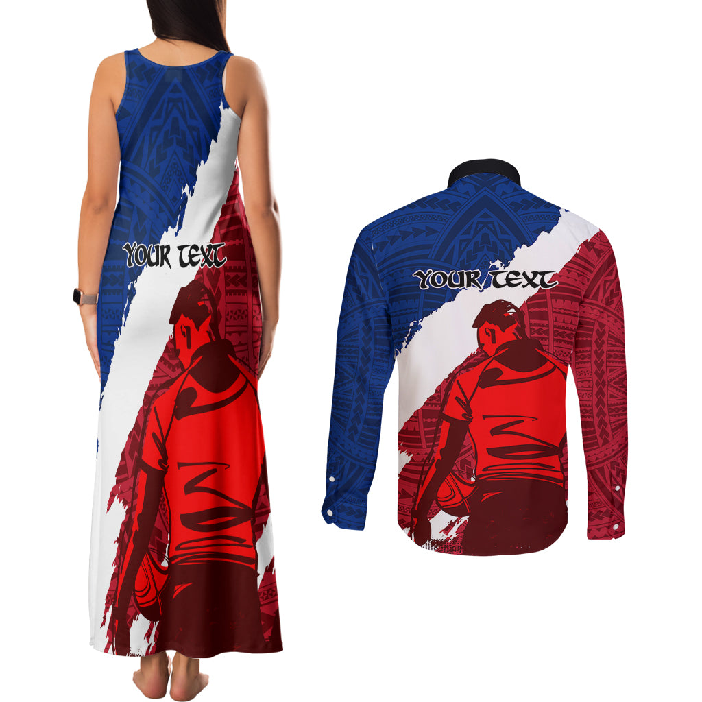 Custom Samoa Rugby Couples Matching Tank Maxi Dress and Long Sleeve Button Shirts Siva Tau Dance Polynesian Tattoo Brush Style LT03 - Polynesian Pride