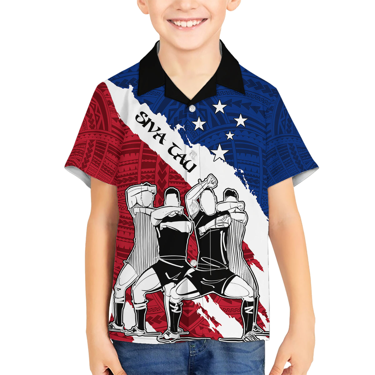 Custom Samoa Rugby Kid Hawaiian Shirt Siva Tau Dance Polynesian Tattoo Brush Style LT03 Kid Red - Polynesian Pride