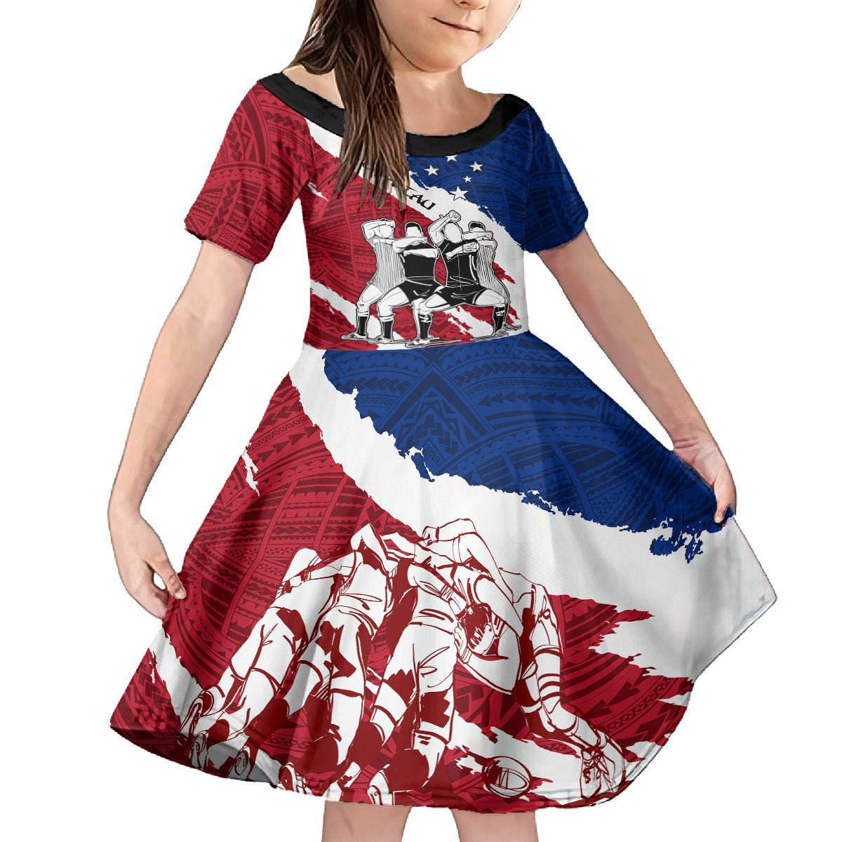 Custom Samoa Rugby Kid Short Sleeve Dress Siva Tau Dance Polynesian Tattoo Brush Style LT03 KID Red - Polynesian Pride