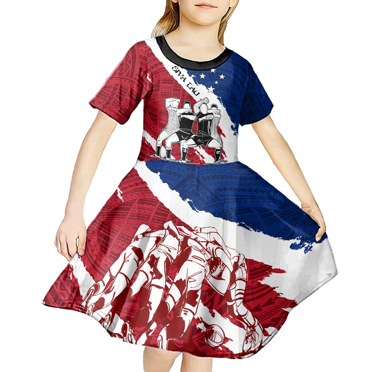 Custom Samoa Rugby Kid Short Sleeve Dress Siva Tau Dance Polynesian Tattoo Brush Style LT03 - Polynesian Pride
