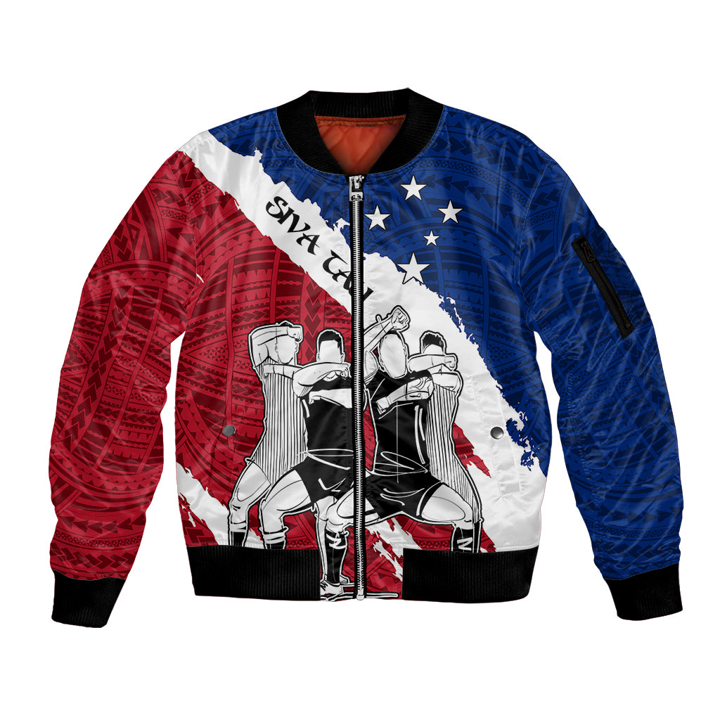 Custom Samoa Rugby Sleeve Zip Bomber Jacket Siva Tau Dance Polynesian Tattoo Brush Style LT03 Unisex Red - Polynesian Pride