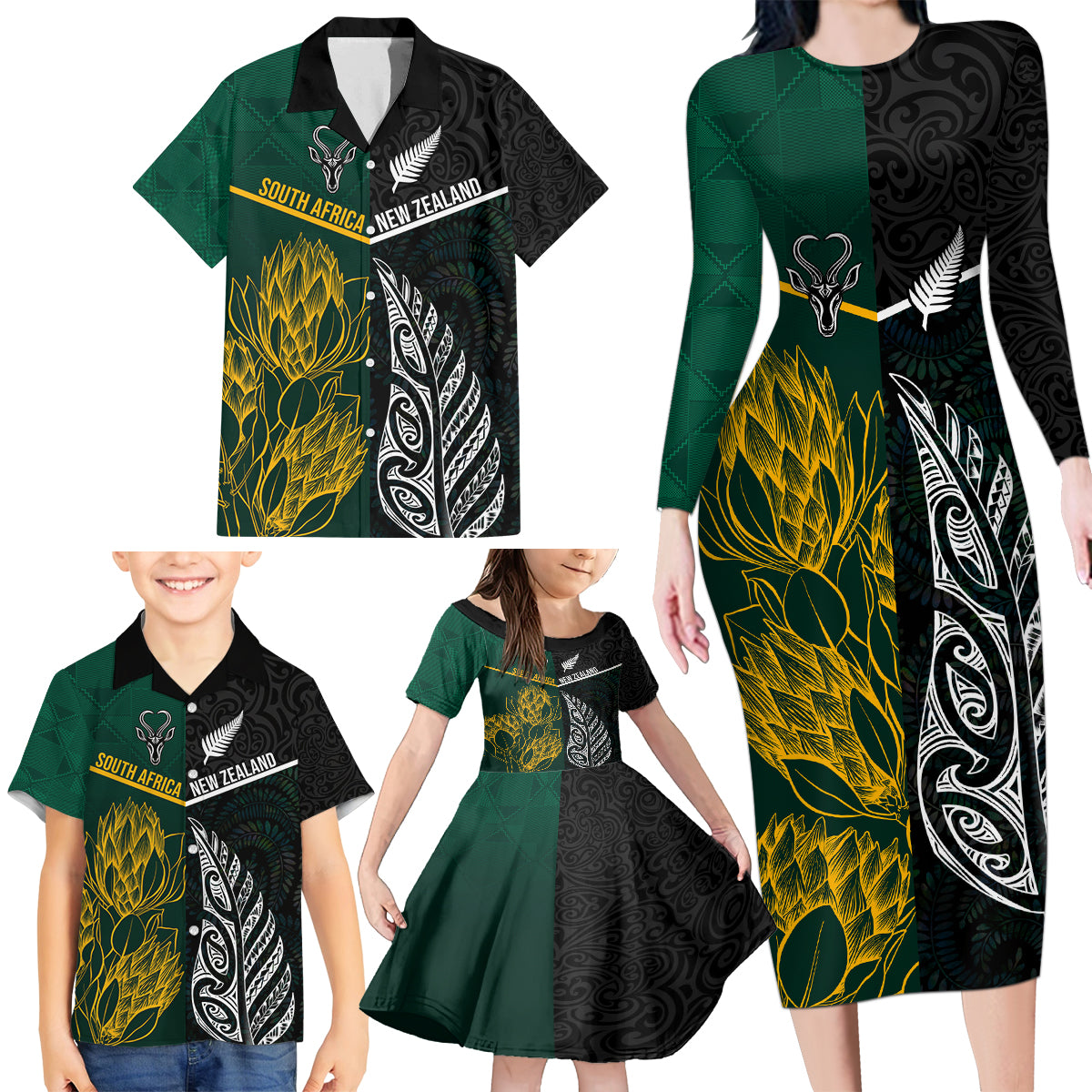 South Africa and New Zealand Family Matching Long Sleeve Bodycon Dress and Hawaiian Shirt King Protea and Silver Fern Mix Culture Pattern LT03 - Polynesian Pride