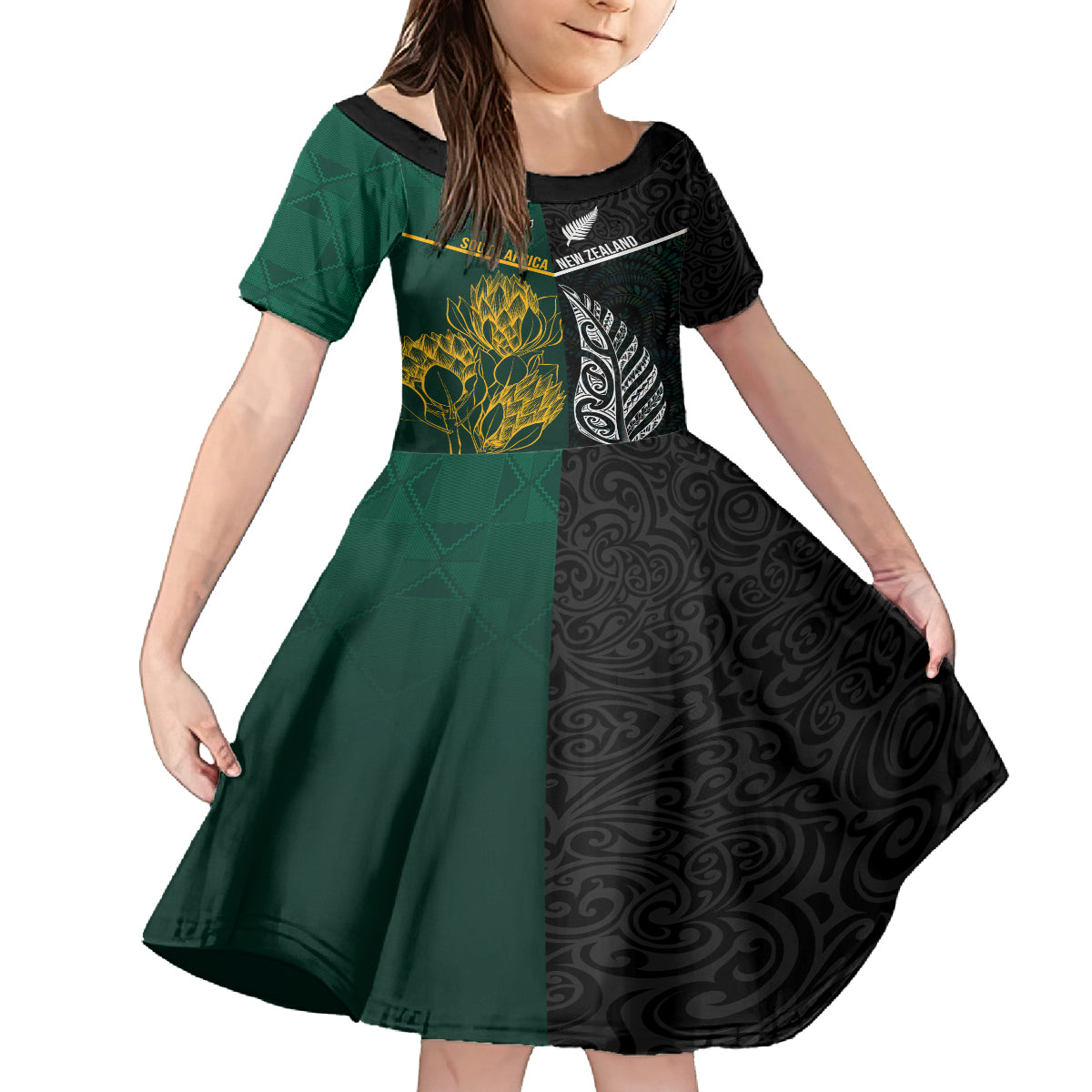 South Africa and New Zealand Family Matching Off Shoulder Long Sleeve Dress and Hawaiian Shirt King Protea and Silver Fern Mix Culture Pattern LT03 Daughter's Dress Black - Polynesian Pride