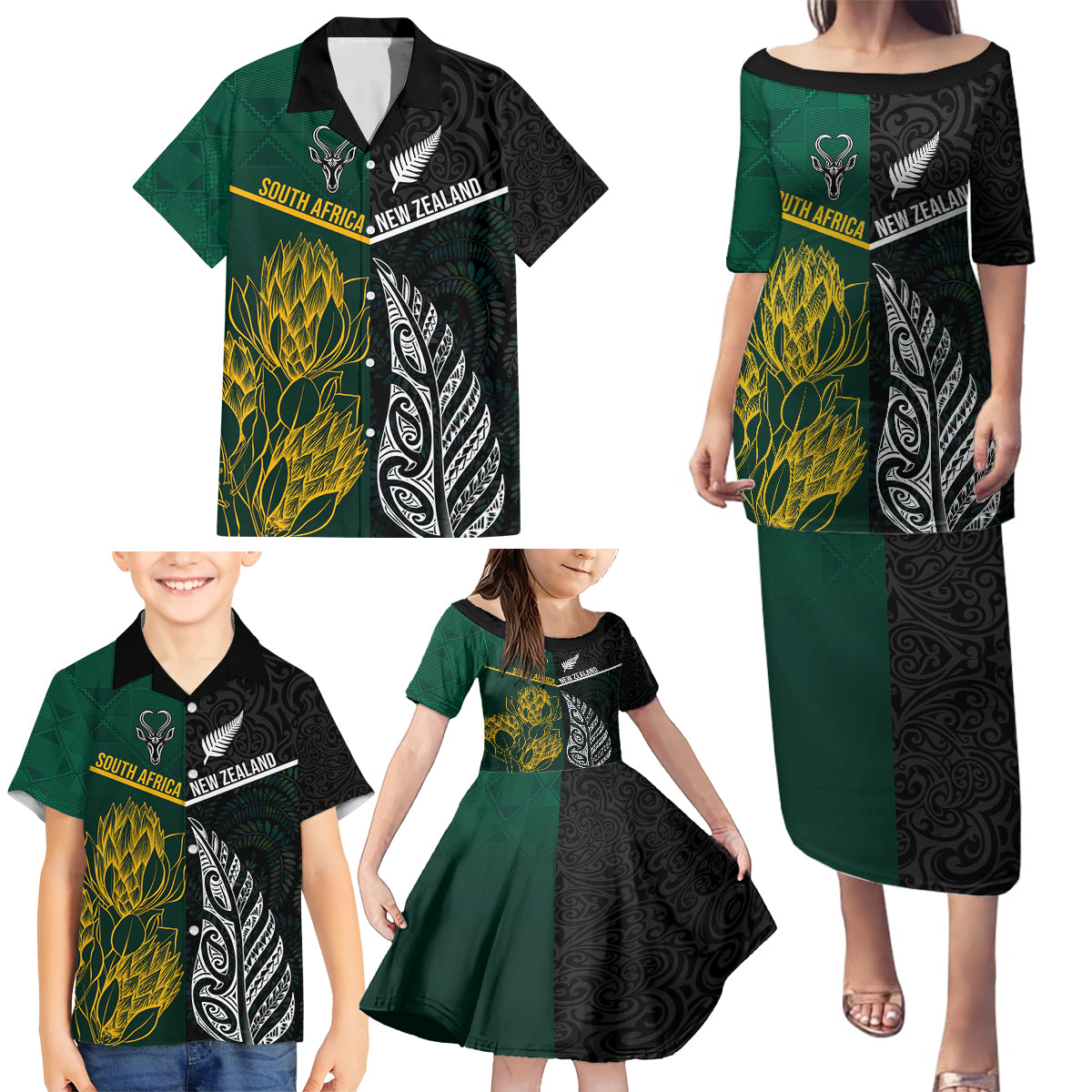 South Africa and New Zealand Family Matching Puletasi Dress and Hawaiian Shirt King Protea and Silver Fern Mix Culture Pattern LT03 - Polynesian Pride