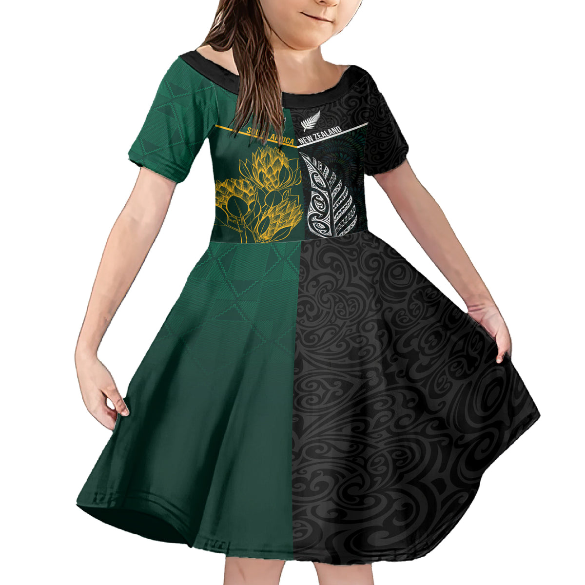 South Africa and New Zealand Family Matching Short Sleeve Bodycon Dress and Hawaiian Shirt King Protea and Silver Fern Mix Culture Pattern LT03 Daughter's Dress Black - Polynesian Pride