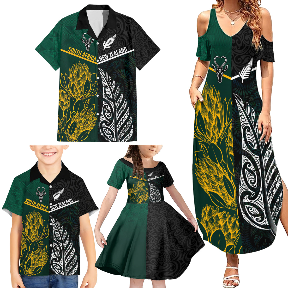 South Africa and New Zealand Family Matching Summer Maxi Dress and Hawaiian Shirt King Protea and Silver Fern Mix Culture Pattern LT03 - Polynesian Pride