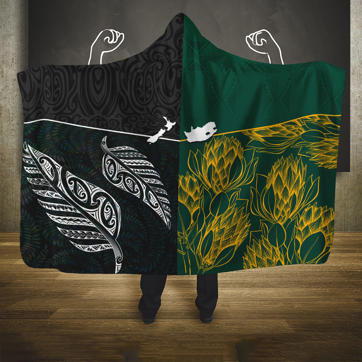 South Africa and New Zealand Hooded Blanket King Protea and Silver Fern Mix Culture Pattern LT03 One Size Black - Polynesian Pride