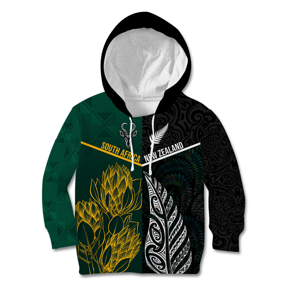 South Africa and New Zealand Kid Hoodie King Protea and Silver Fern Mix Culture Pattern LT03 Hoodie Black - Polynesian Pride