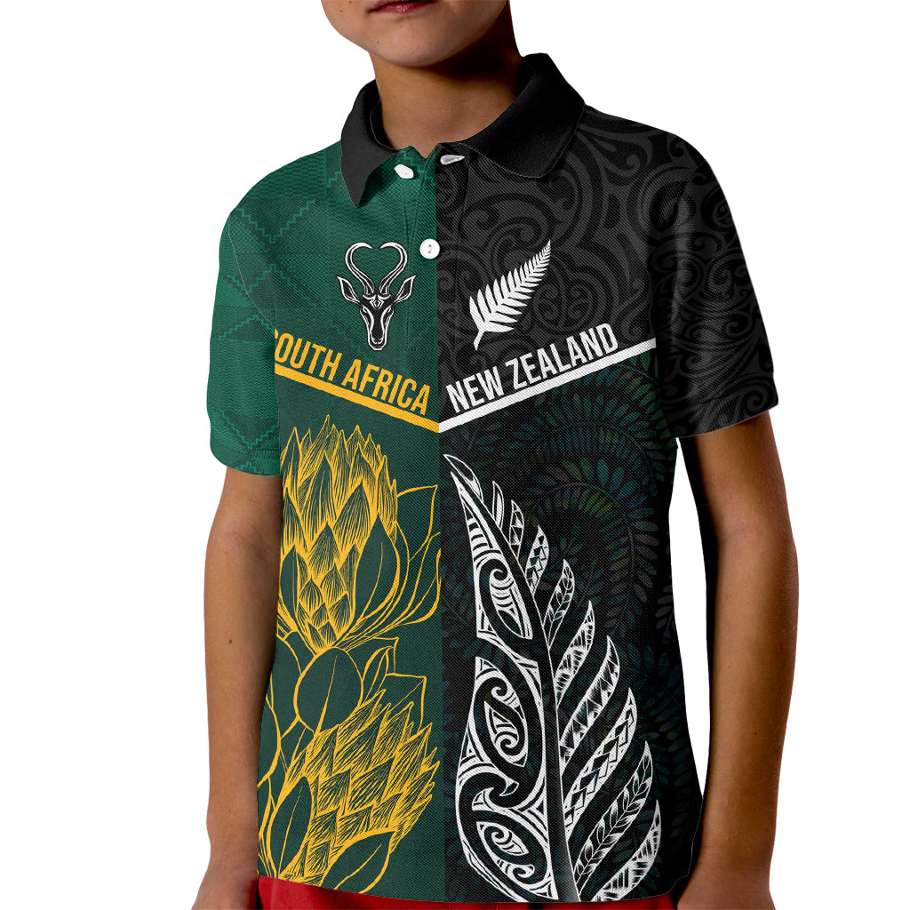 South Africa and New Zealand Kid Polo Shirt King Protea and Silver Fern Mix Culture Pattern LT03 Kid Black - Polynesian Pride