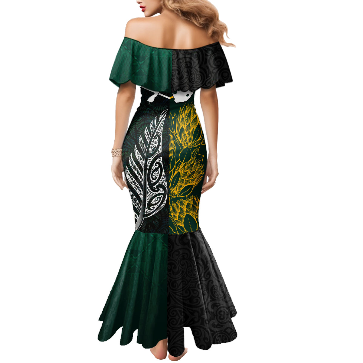 South Africa and New Zealand Mermaid Dress King Protea and Silver Fern Mix Culture Pattern LT03 - Polynesian Pride