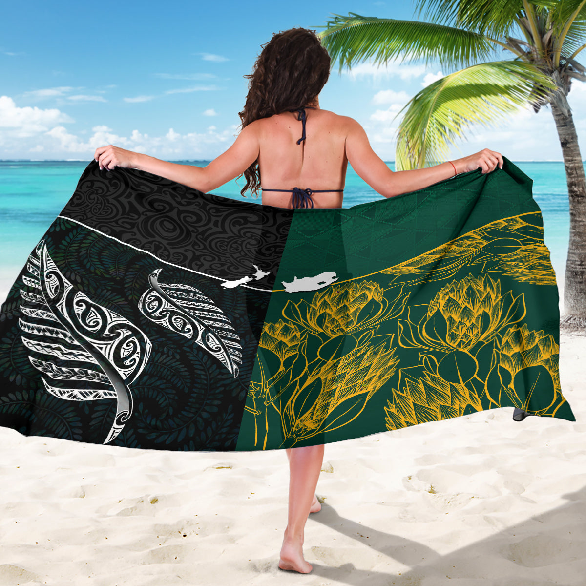 South Africa and New Zealand Sarong King Protea and Silver Fern Mix Culture Pattern LT03 - Polynesian Pride