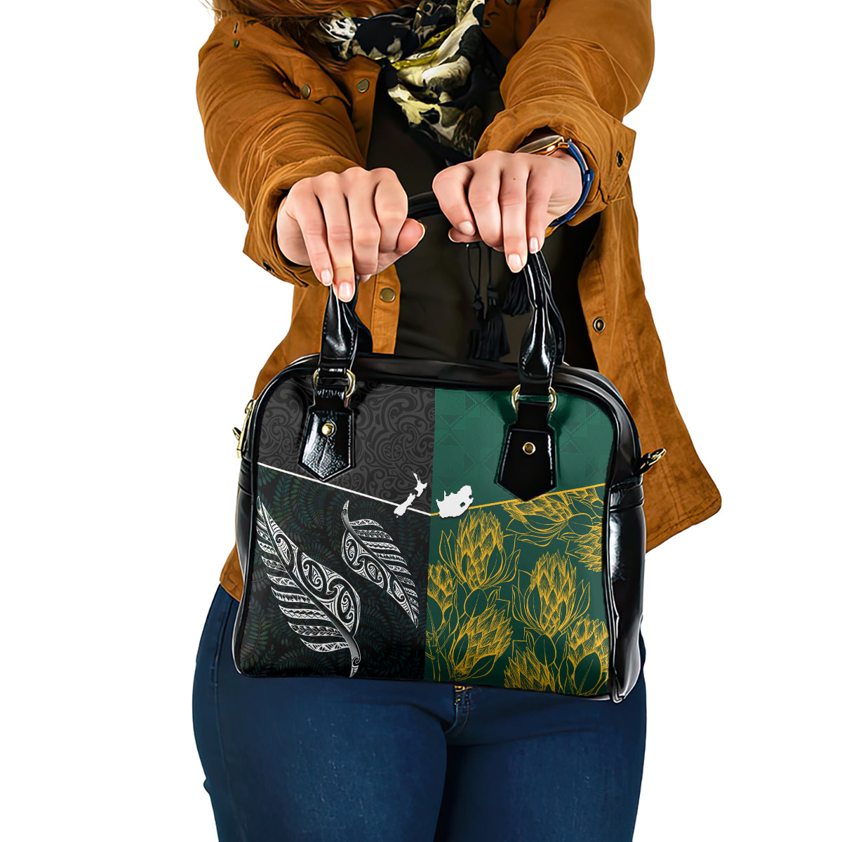 South Africa and New Zealand Shoulder Handbag King Protea and Silver Fern Mix Culture Pattern LT03 One Size Black - Polynesian Pride