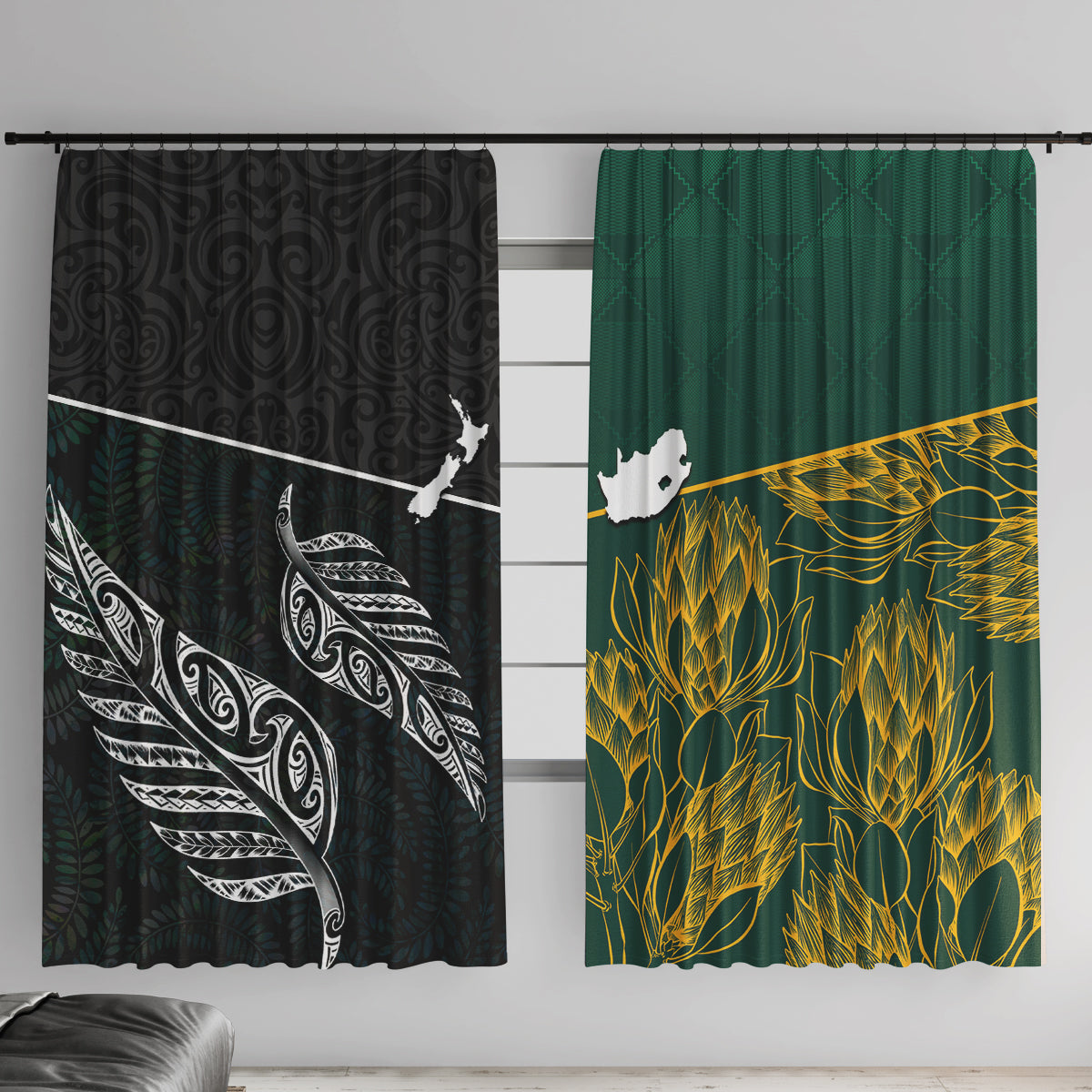 South Africa and New Zealand Window Curtain King Protea and Silver Fern Mix Culture Pattern LT03 With Hooks Black - Polynesian Pride