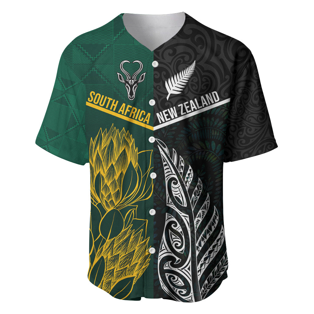 Personalised South Africa and New Zealand Baseball Jersey King Protea and Silver Fern Mix Culture Pattern LT03 Black - Polynesian Pride