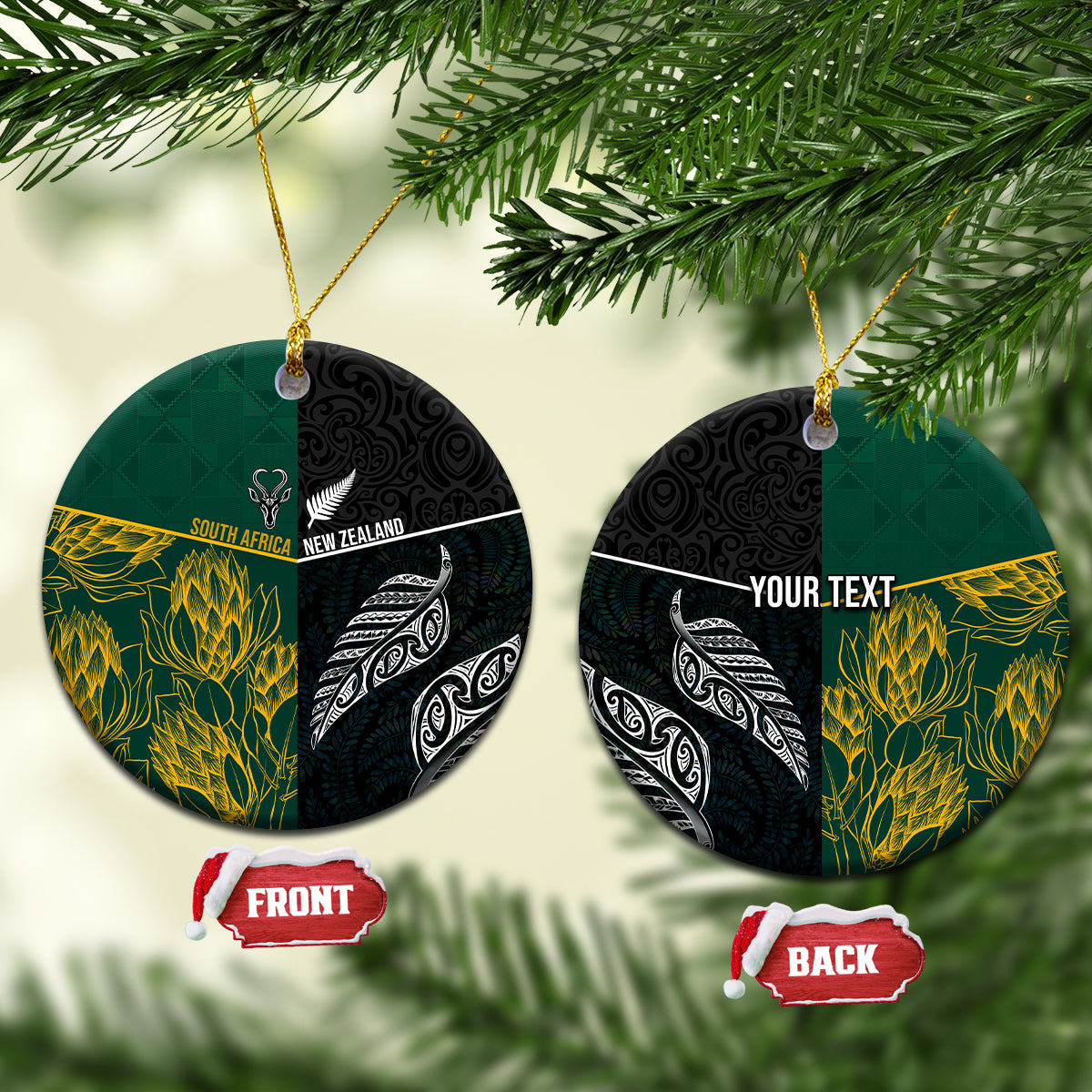Personalised South Africa and New Zealand Ceramic Ornament King Protea and Silver Fern Mix Culture Pattern LT03 Circle Black - Polynesian Pride