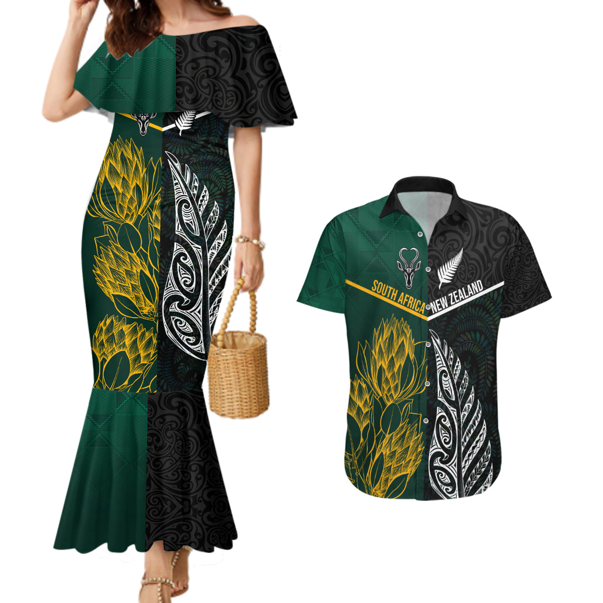 Personalised South Africa and New Zealand Couples Matching Mermaid Dress and Hawaiian Shirt King Protea and Silver Fern Mix Culture Pattern LT03 Black - Polynesian Pride