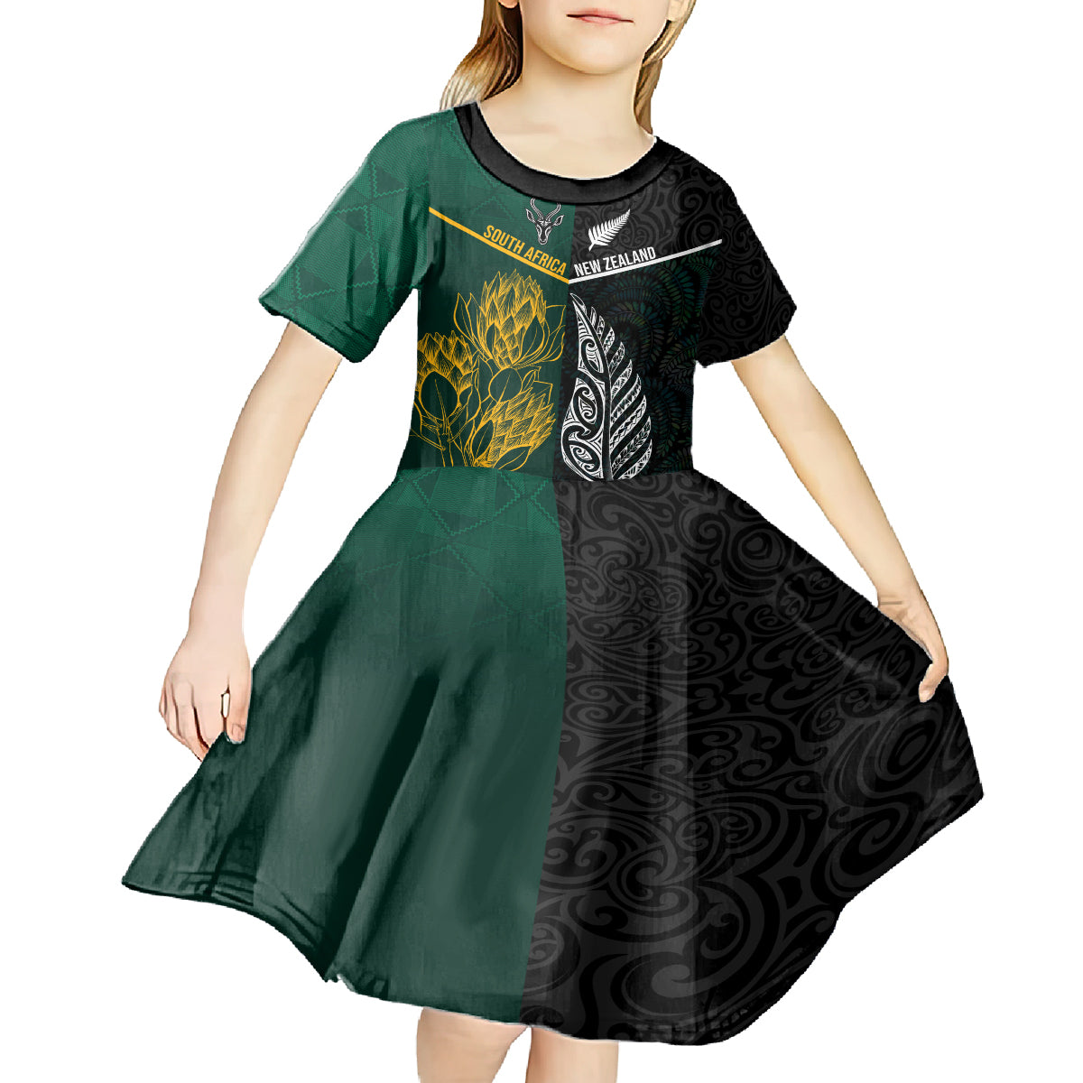 Personalised South Africa and New Zealand Kid Short Sleeve Dress King Protea and Silver Fern Mix Culture Pattern LT03 - Polynesian Pride