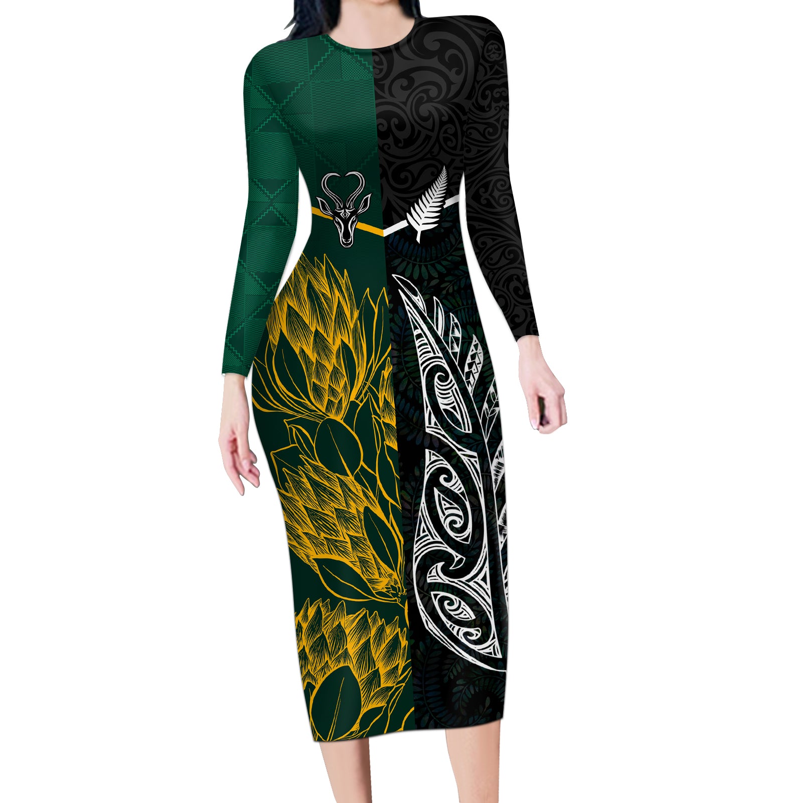 Personalised South Africa and New Zealand Long Sleeve Bodycon Dress King Protea and Silver Fern Mix Culture Pattern LT03 Long Dress Black - Polynesian Pride