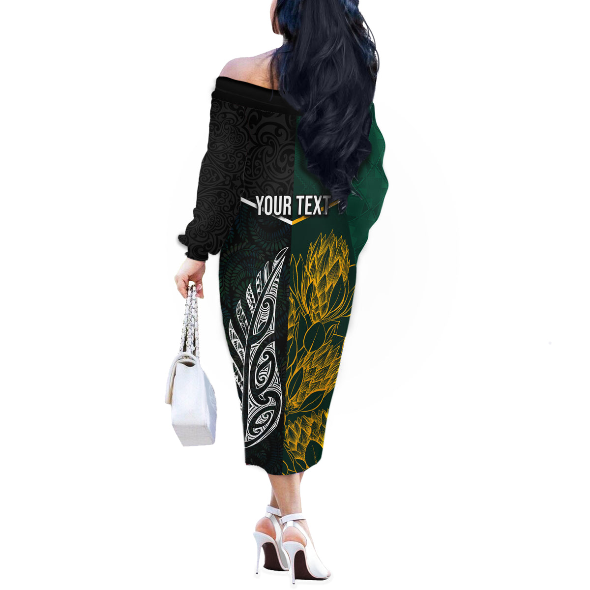 Personalised South Africa and New Zealand Off The Shoulder Long Sleeve Dress King Protea and Silver Fern Mix Culture Pattern LT03 - Polynesian Pride