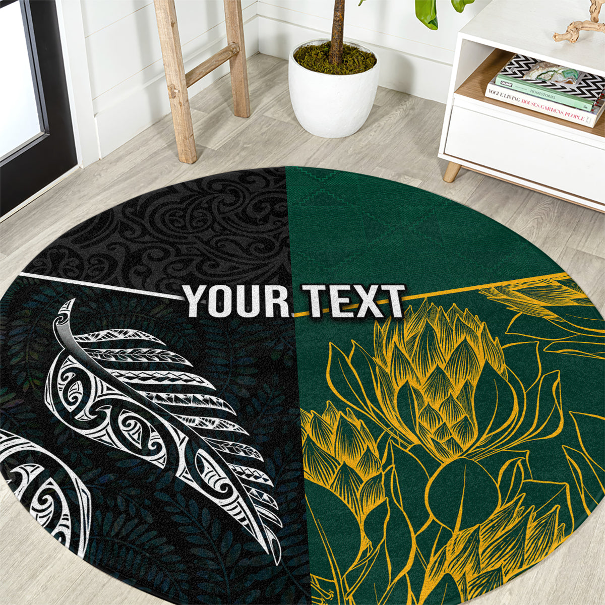 Personalised South Africa and New Zealand Round Carpet King Protea and Silver Fern Mix Culture Pattern LT03 Black - Polynesian Pride