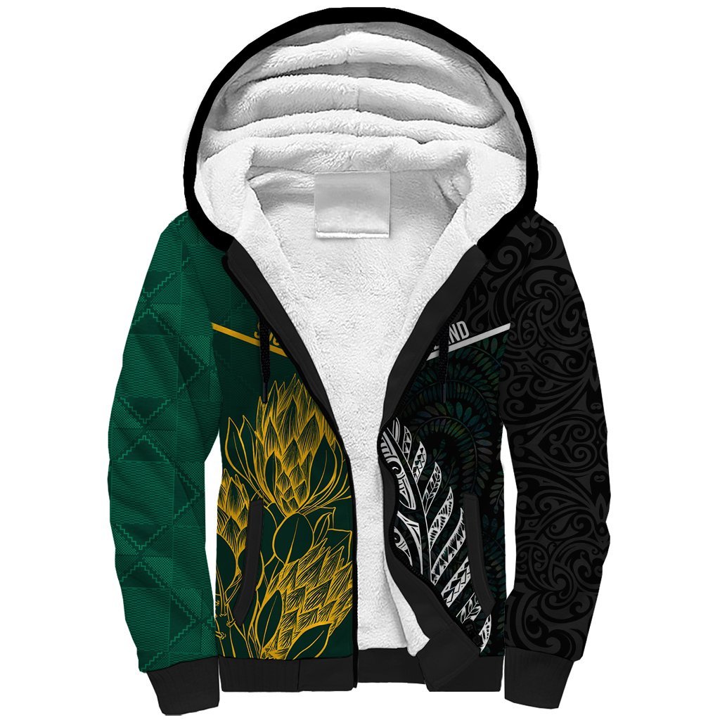 Personalised South Africa and New Zealand Sherpa Hoodie King Protea and Silver Fern Mix Culture Pattern LT03 Unisex Black - Polynesian Pride